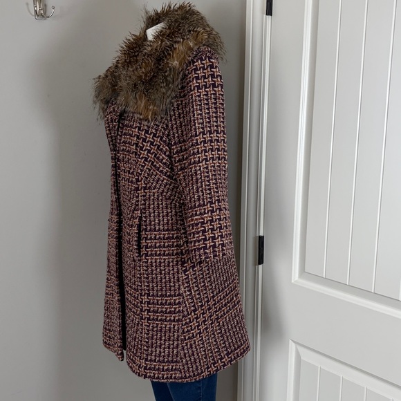 Anthropologie Tiny Umbered Houndstooth Pea Coat Boucle Fur Brown Purple Jacket S - Picture 8 of 16
